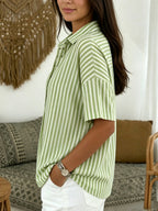 Casual Striped Polo Collar Snap Buttons Cotton-linen Shirt