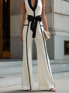 Contrast Trim Belted Wide-Leg Jumpsuit