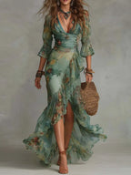 Grass Green Chiffon Irregular Ruffled Slit Maxi Dress