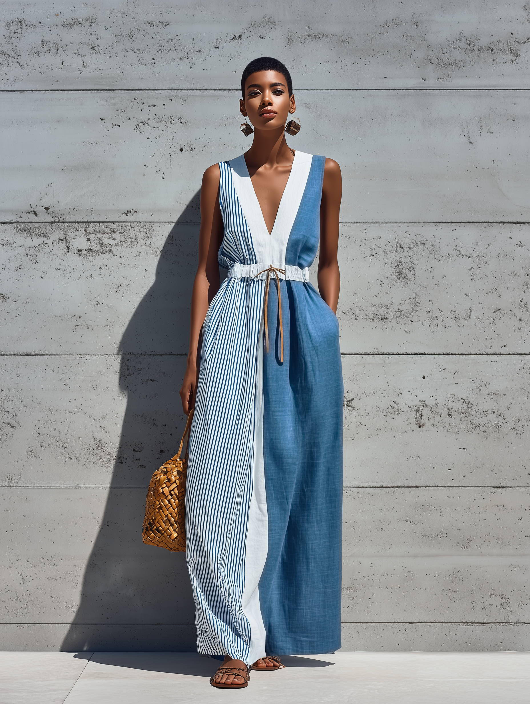 Women’s Color Block Cotton-Linen Striped Linen Sleeveless Maxi Dress With Drawstring Waist & Pockets MDZ0231F6T