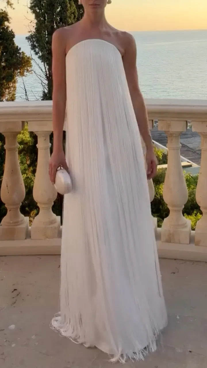 Strapless Fringe Maxi Evening Gown