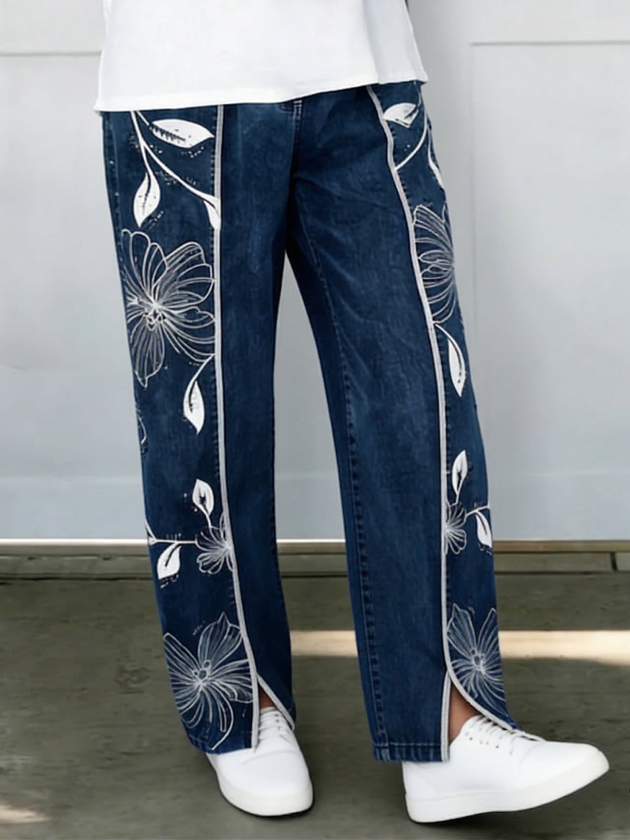 Cozy Artistic Floral Print Jeans