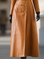 Caramel Leather Double-Breasted Coat With Fur Collar
