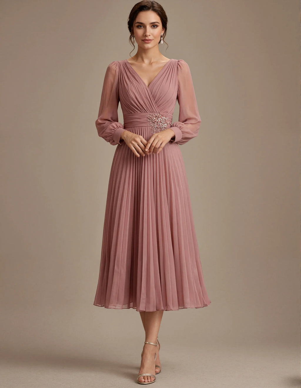 Grayish Pink Chiffon V-neck Long Sleeve Midi Dress