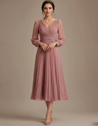 Grayish Pink Chiffon V-neck Long Sleeve Midi Dress