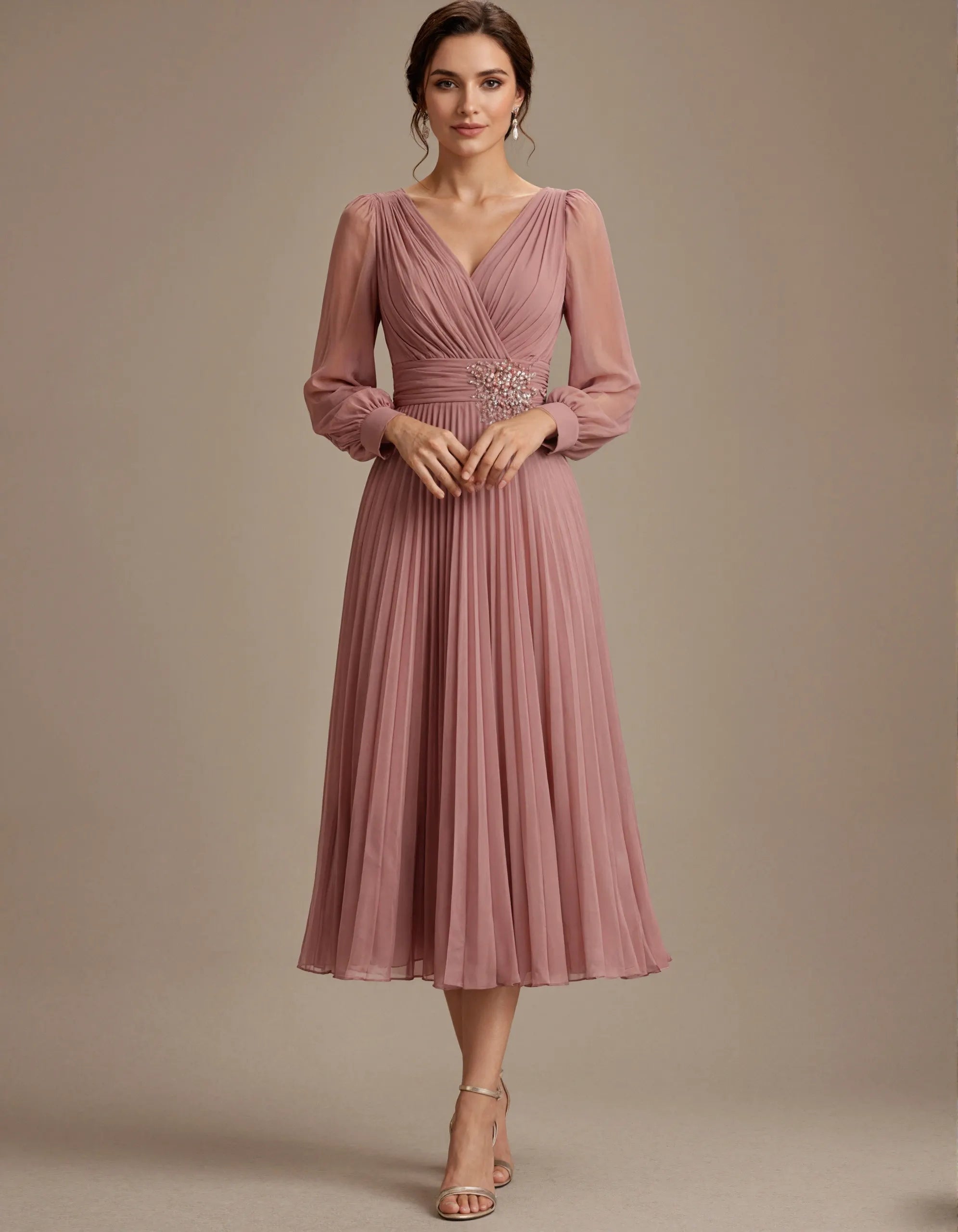 Grayish Pink Chiffon V-neck Long Sleeve Midi Dress