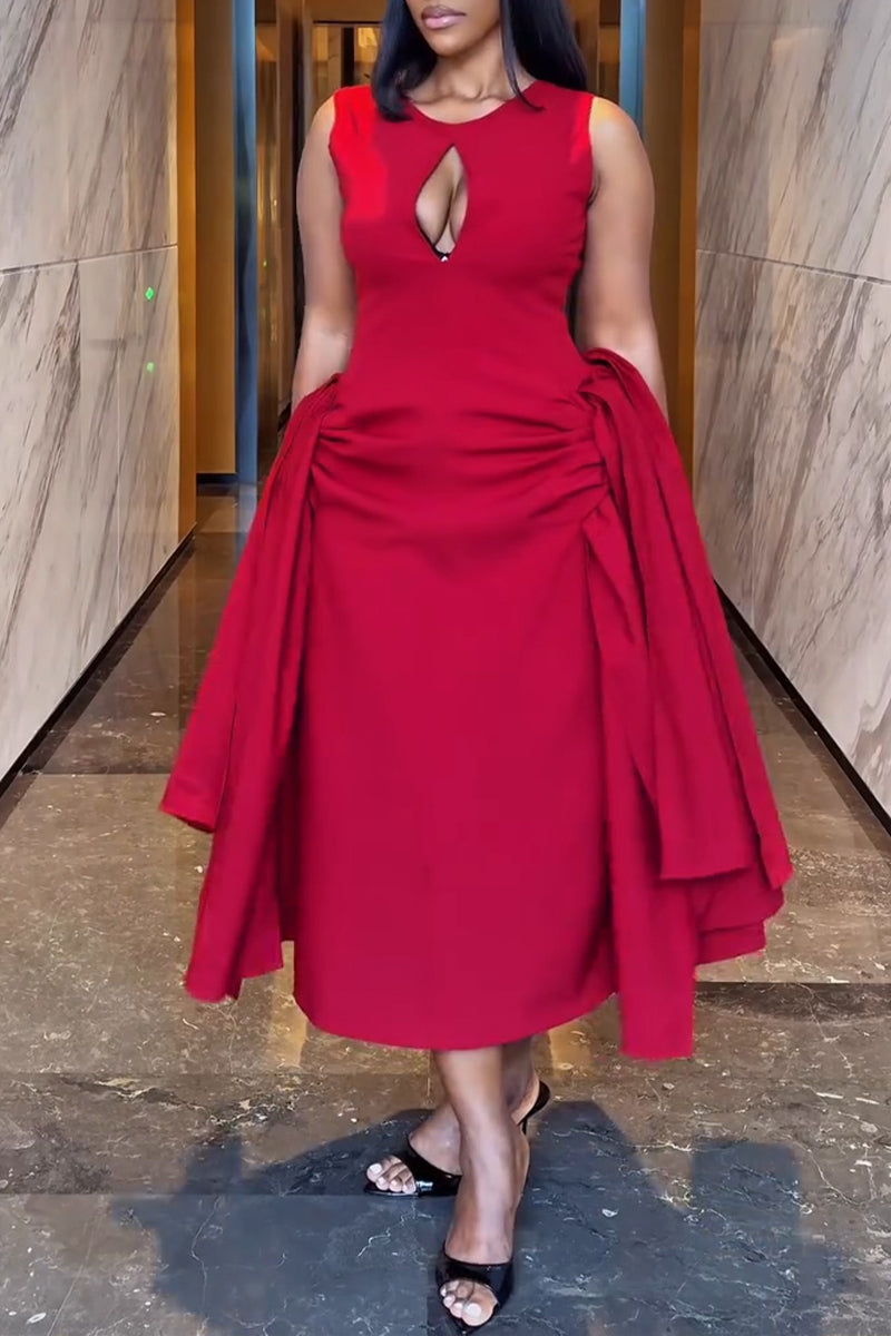 Women's Elegant Side-Tie Cutout-Neckline Midi Dress