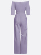 Women Purple Off The Shoulder Half Sleeve Dressy Jumpsuit With Pockets