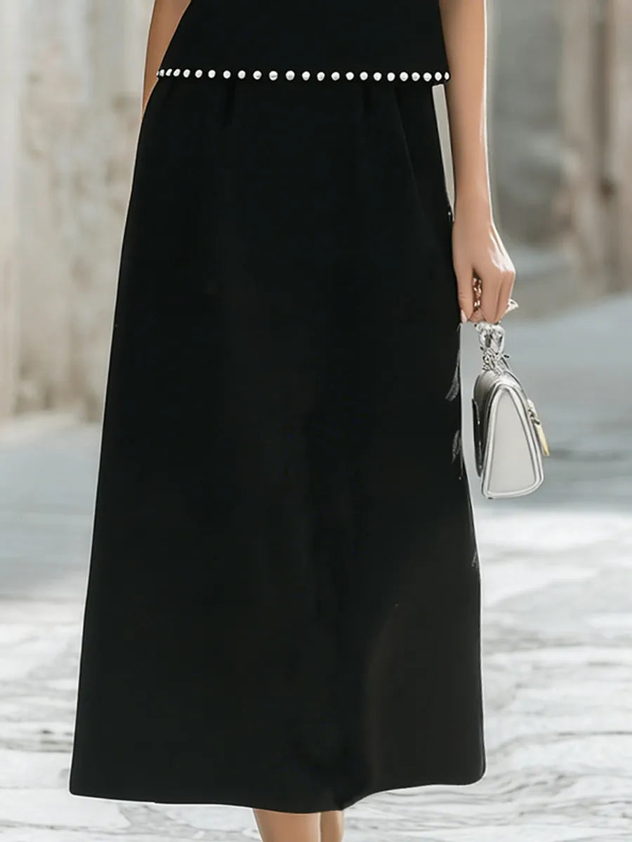 Elegant Pearl-Trimmed Two-Piece Midi Skirt Set