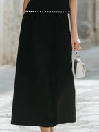 Elegant Pearl-Trimmed Two-Piece Midi Skirt Set