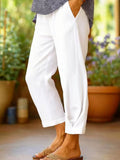 Women's Cotton-linen Solid Color Elastic Waist Pockets Straight Leg Loose-fit Casual Trousers