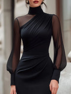 High-Neck Sheer Sleeve Draped Bodycon Dress