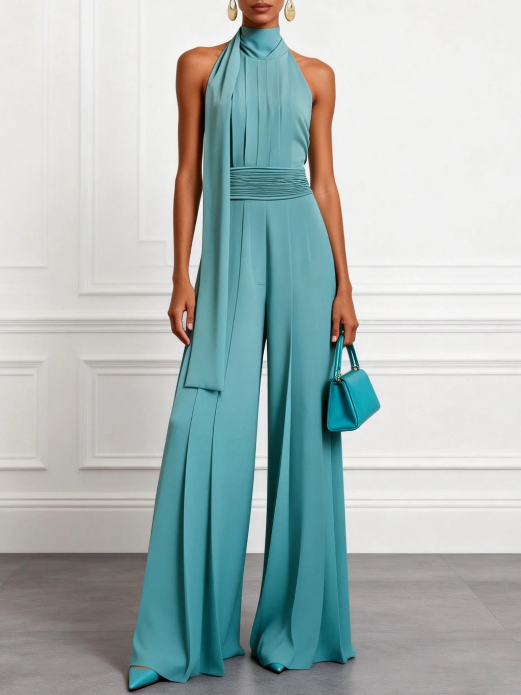 Women Cyan Ruched Halter Mock Neck Sleeveless Dressy Jumpsuit