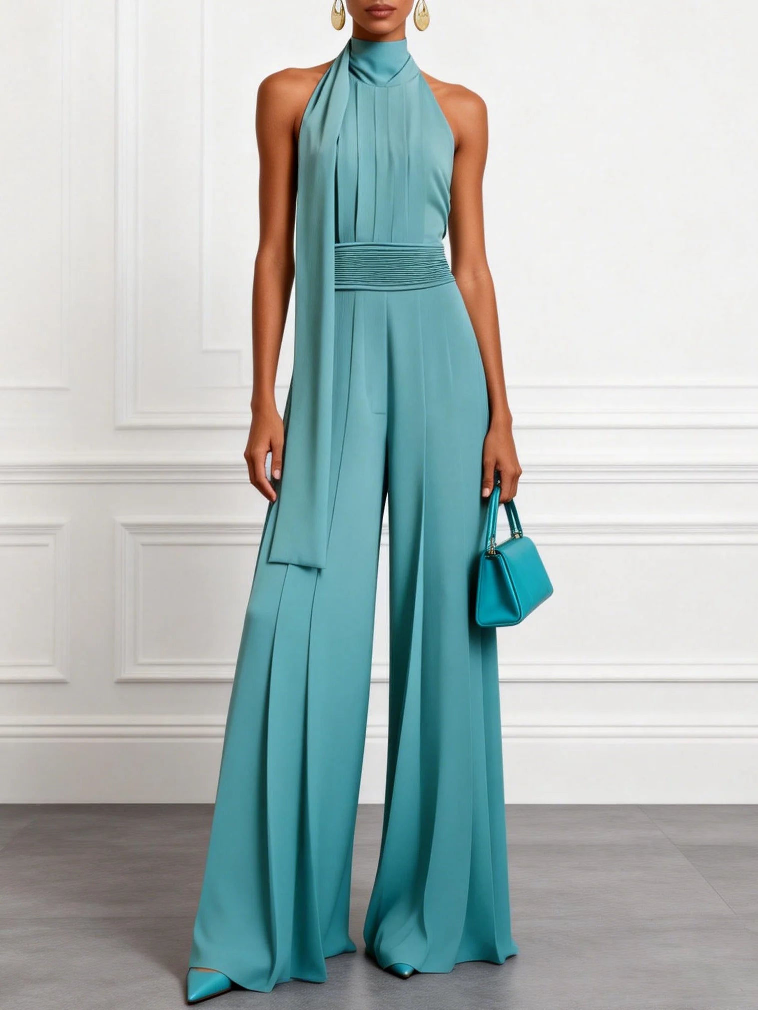 Women Cyan Ruched Halter Mock Neck Sleeveless Dressy Jumpsuit