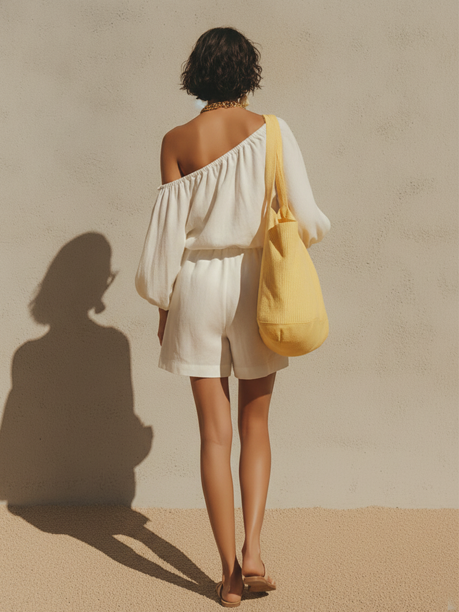Women's White Linen-Blend Off-the-Shoulder Jumpsuit With Drawstring Neck & Cargo Pocket Shorts, Casual Summer Vacation Jumpsuit MDZ1233F5LYL