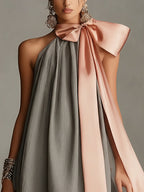Grey Halter Neck Satin Bow And Lace-trimmed Mini Dress