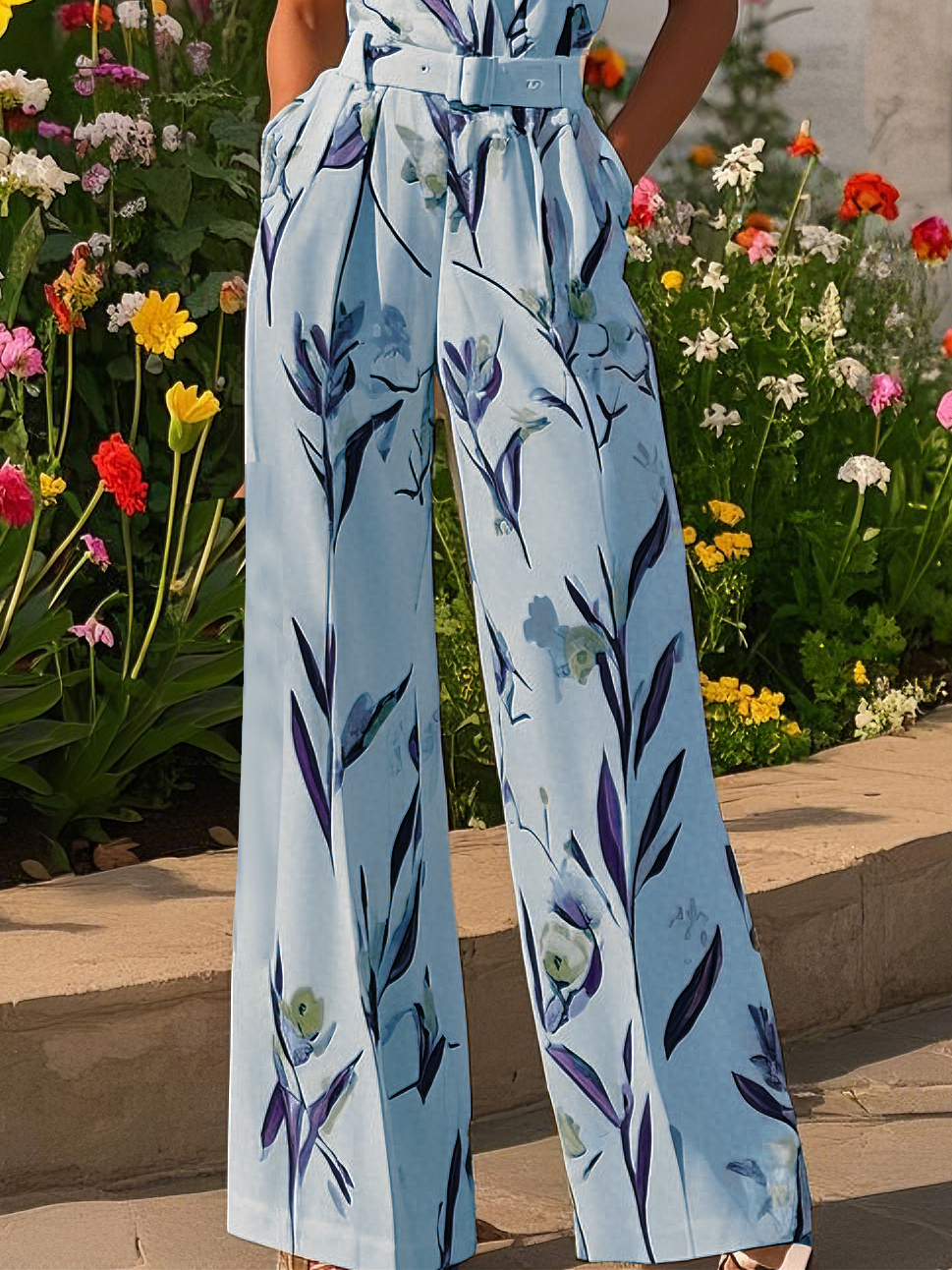 Women White Printing Deep V Neck Sleeveless Vacation Jumpsuit With Pockets