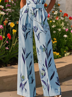 Women White Printing Deep V Neck Sleeveless Vacation Jumpsuit With Pockets