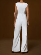Women White Boat Neck Sleeveless Bow Wide-Leg Jumpsuit