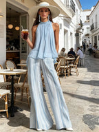 Vacation Light Blue Chiffon Sleeveless Top And Striped Wide-leg Pants Set