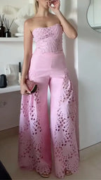 Eyelet Lace Strapless Crop Top & Flared Pant Co-Ord