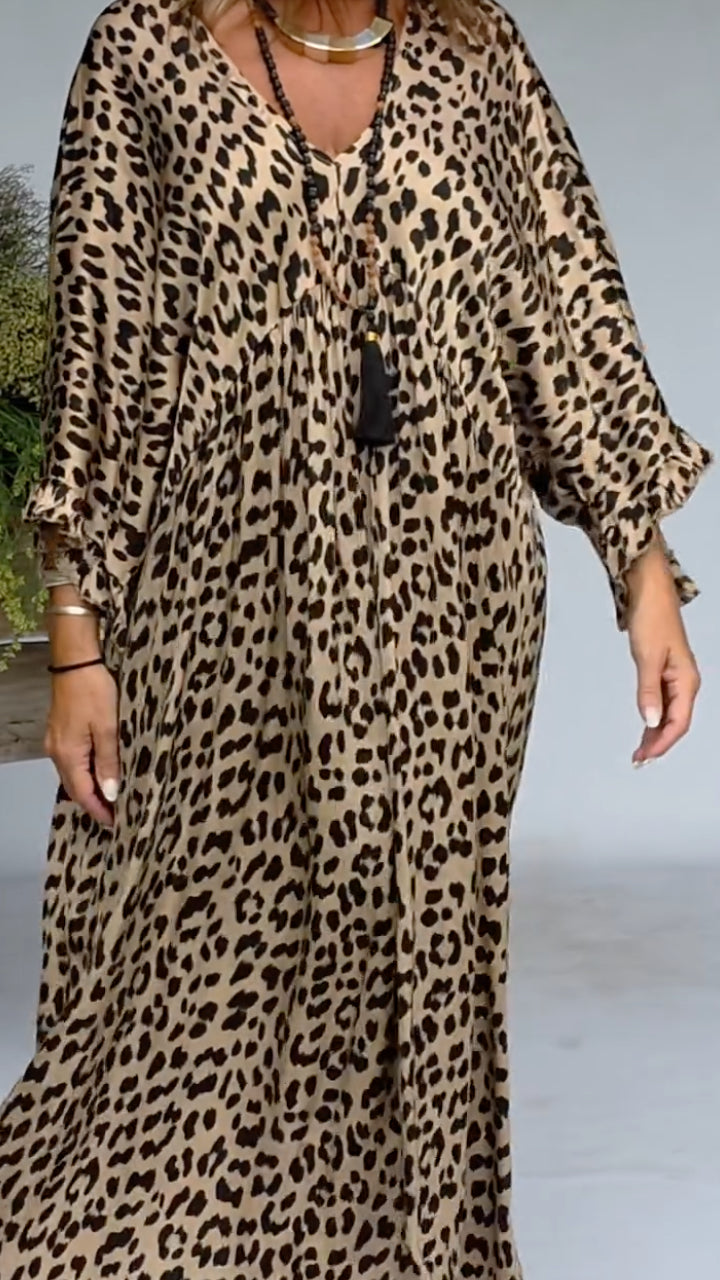 Leopard Print Batwing Sleeve Oversized Maxi Dress With Tassel