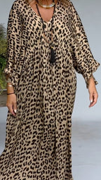 Leopard Print Batwing Sleeve Oversized Maxi Dress With Tassel