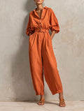 Women's Minimalist Cotton-Linen Jumpsuit With Belt — Wide-Leg Trousers And Mid-Length Sleeves MDZ2965E9ZJW