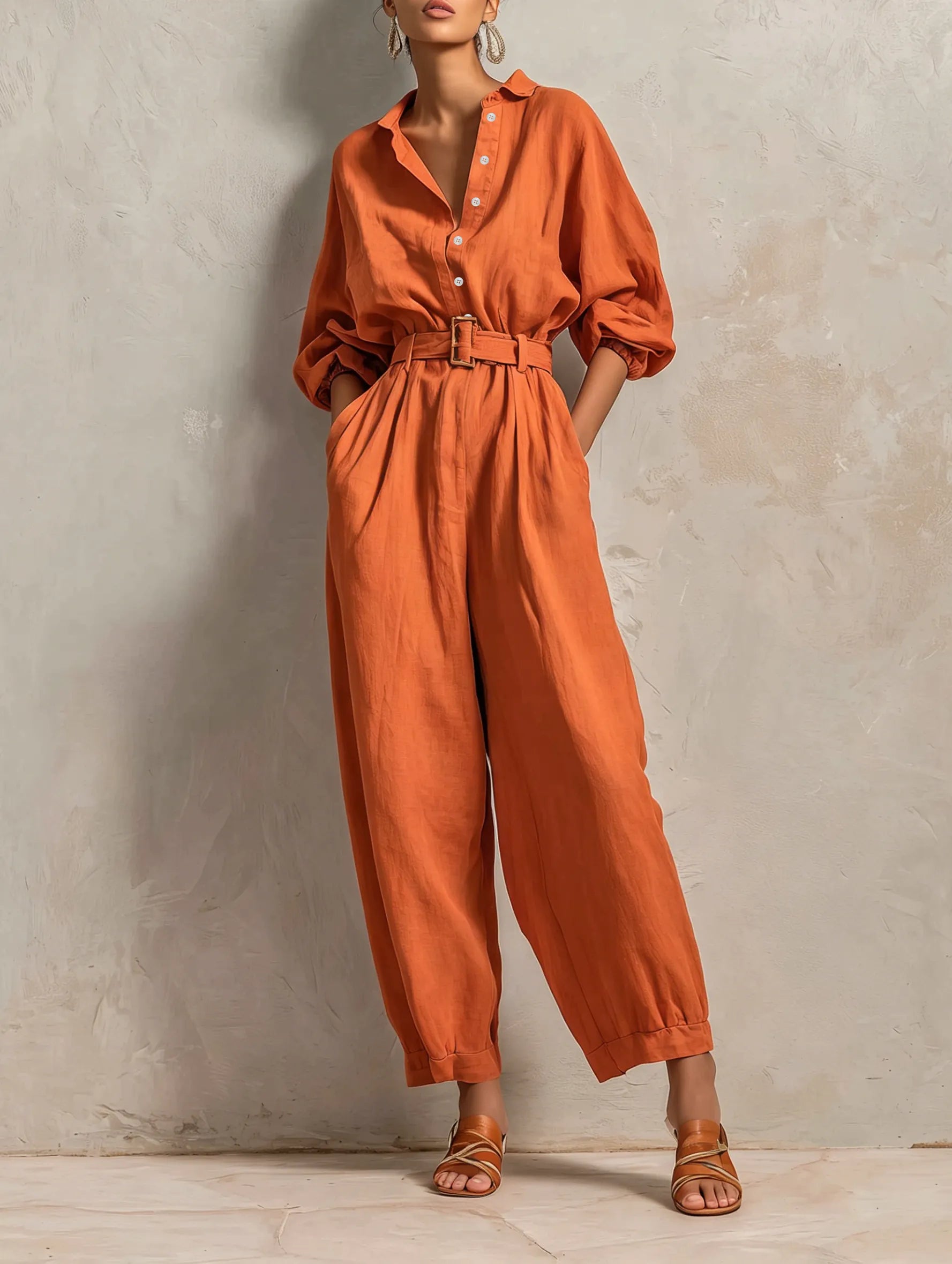 Women's Minimalist Cotton-Linen Jumpsuit With Belt — Wide-Leg Trousers And Mid-Length Sleeves MDZ2965E9ZJW