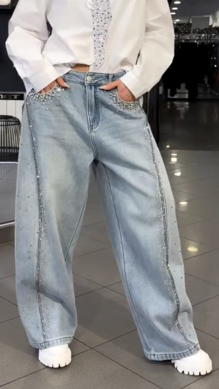 White Rhinestone Shirt Rhinestone Wide Leg Jeans Set