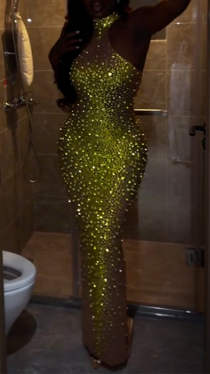 Gold Sparkle Rhinestone Sheer Halter Bodycon Maxi Dress