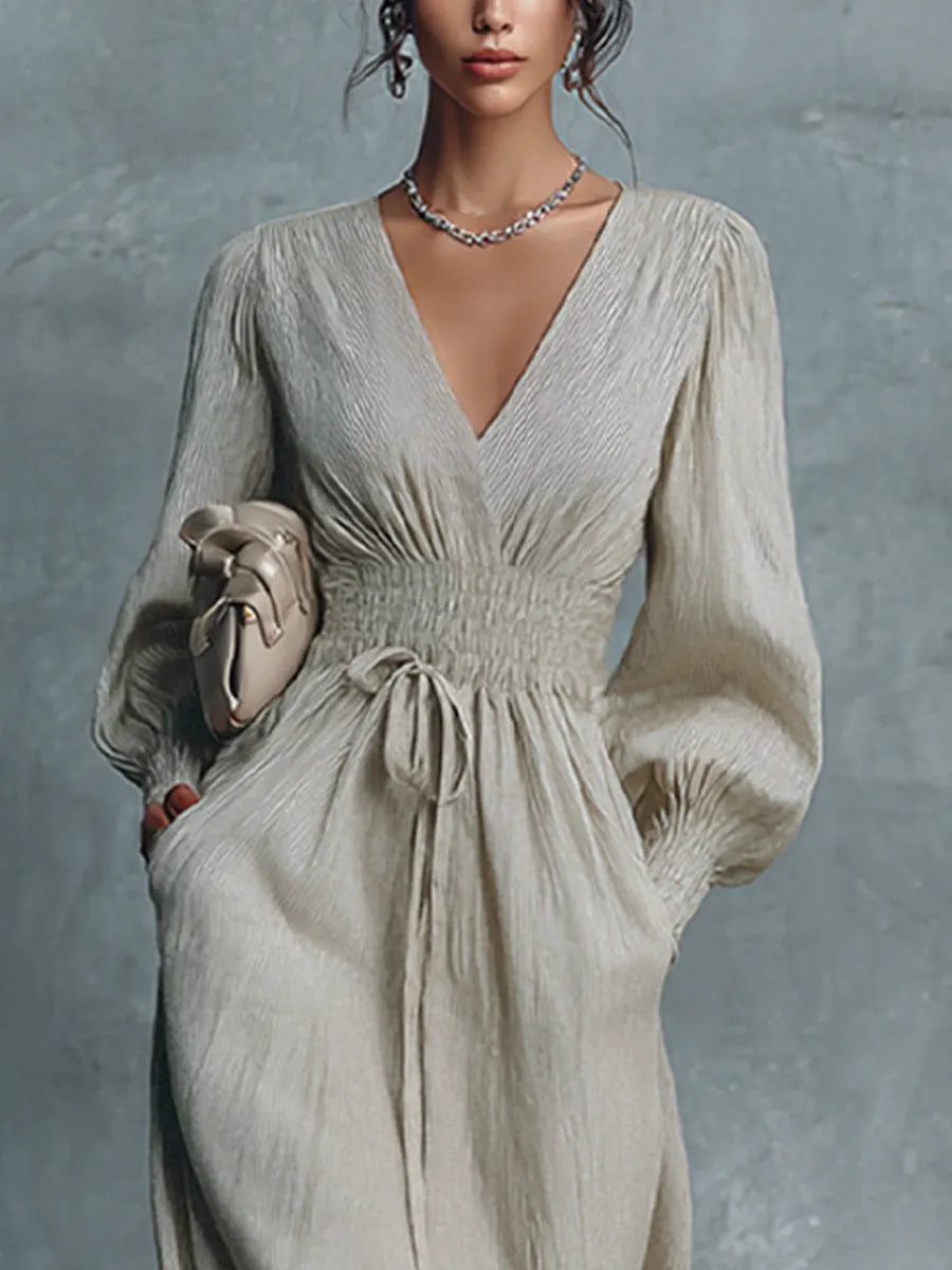 Women's Beige Cotton Linen Striped V-Neck Shirred Waist Maxi Dress MDZ0361C4BA