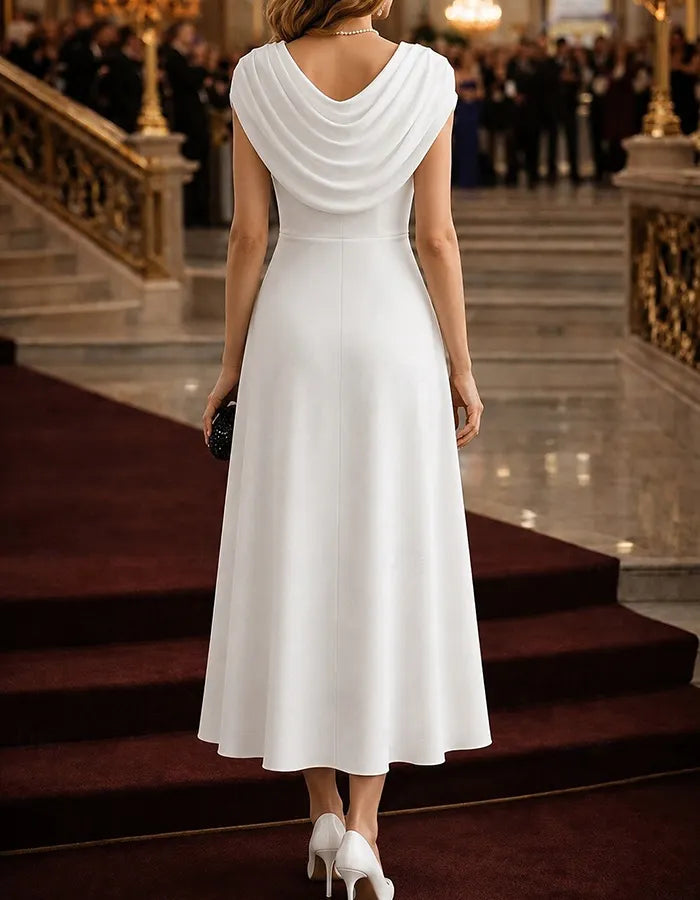 Cowl Neck Sleeveless Side Ruched Flowy Chiffon Midi Dress