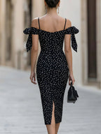 Olka Dot Off-Shoulder Bodycon Midi Dress With Bow Accents