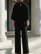 Cape-Sleeve High-Neck Blouse & Slit Wide-Leg Trousers Set