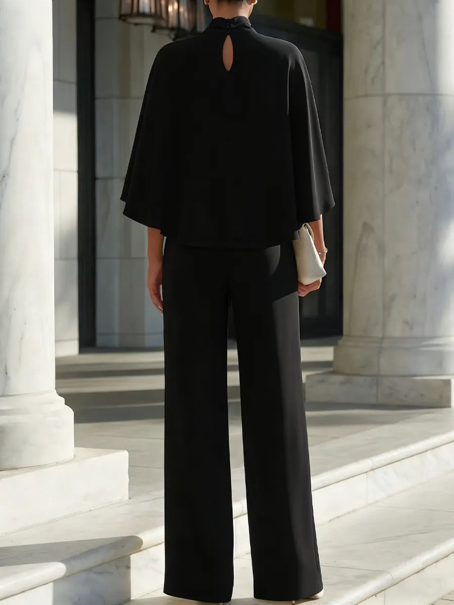Cape-Sleeve High-Neck Blouse & Slit Wide-Leg Trousers Set