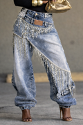 Women's Rhinestone Tassel Faux Two-piece Jeans