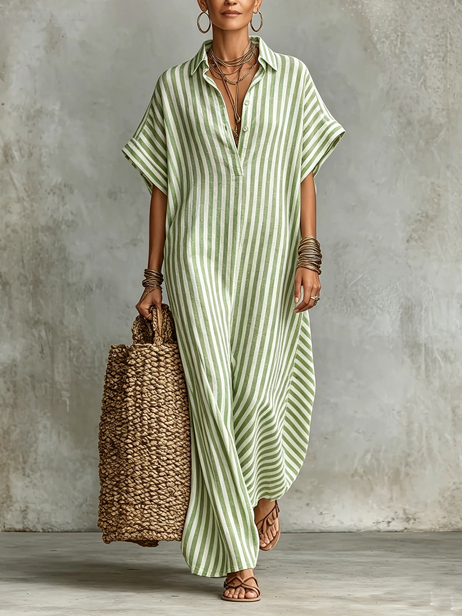 Cozy Classic Striped Cotton-linen Maxi Dress