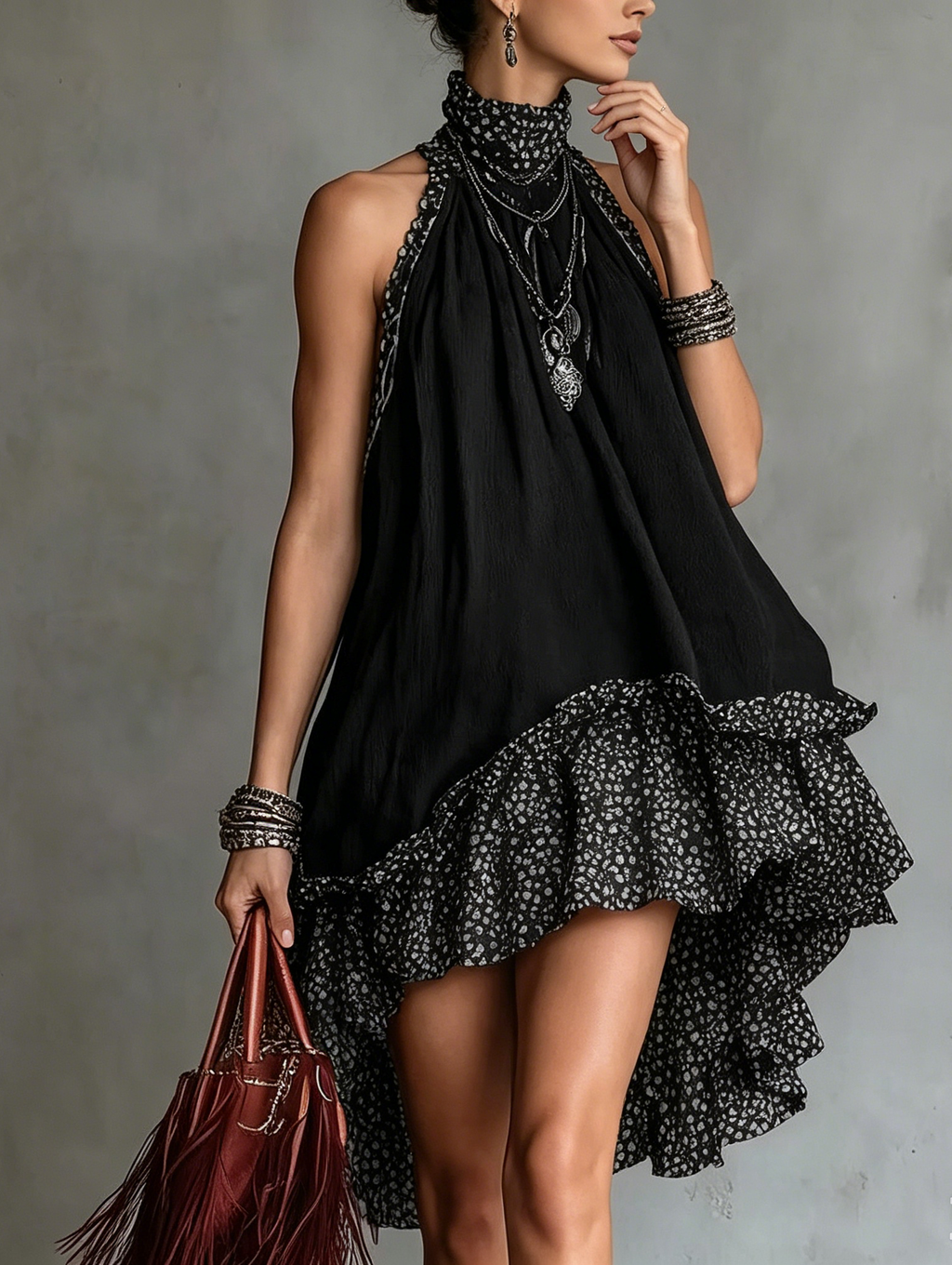 Black Polka Dot Neckline Bohemian Chiffon Ruffled Trim Mini Dress