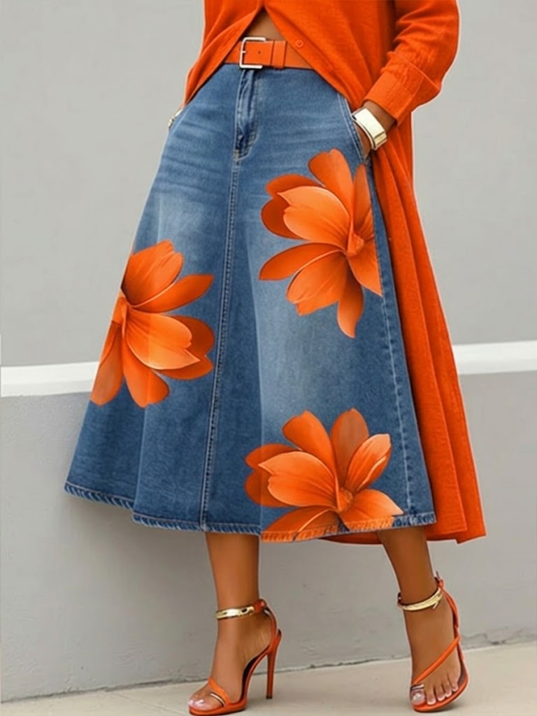 Casual Artistic Floral-print A-line Denim Skirt