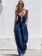Retro-style Casual Color-blocked Blue Cotton Linen Vest And Pants Set
