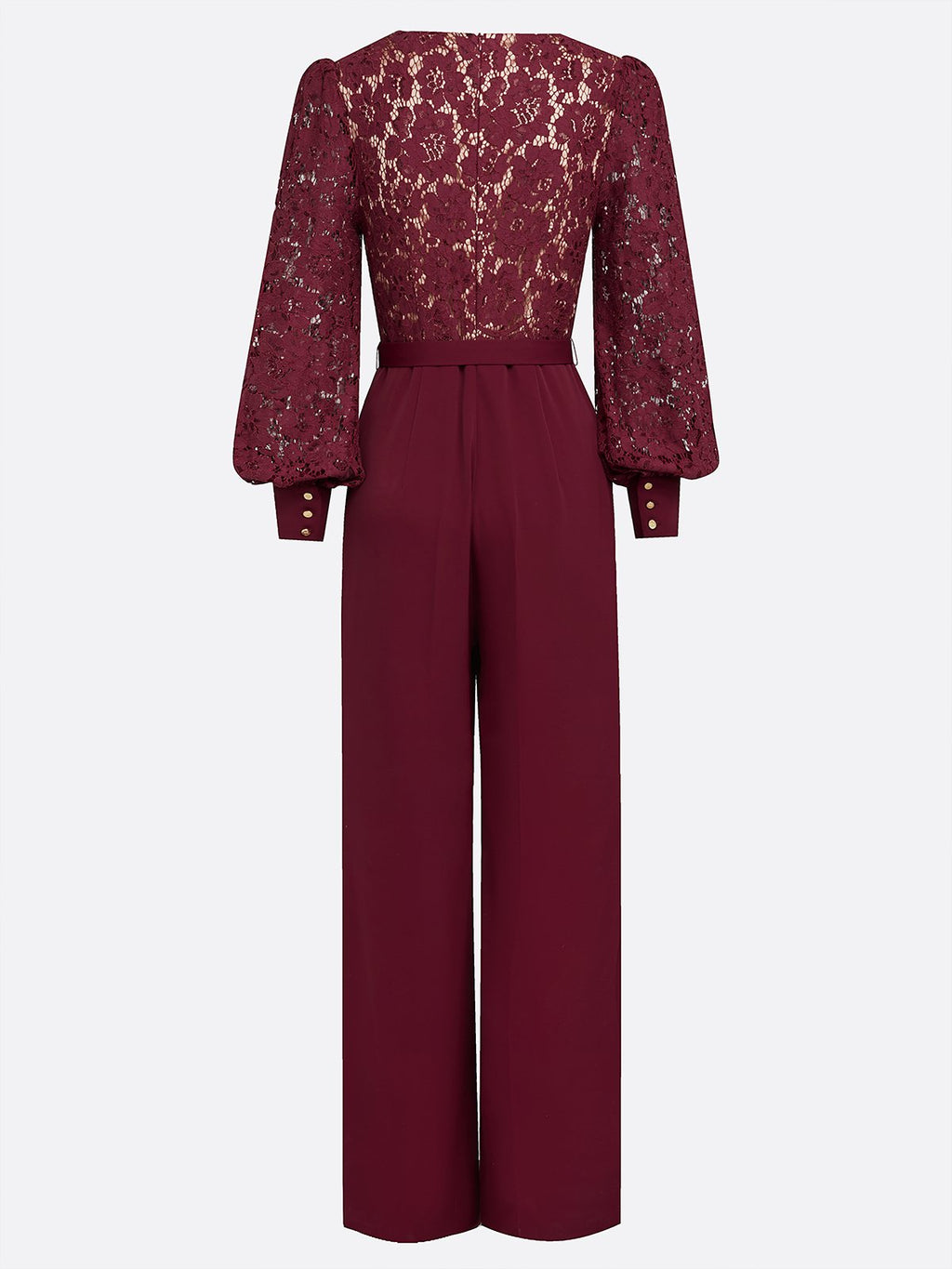 Women Burgundy Lace V Neck Long Sleeve Balloon Sleeve Dressy Jumpsuit