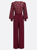Women Burgundy Lace V Neck Long Sleeve Balloon Sleeve Dressy Jumpsuit