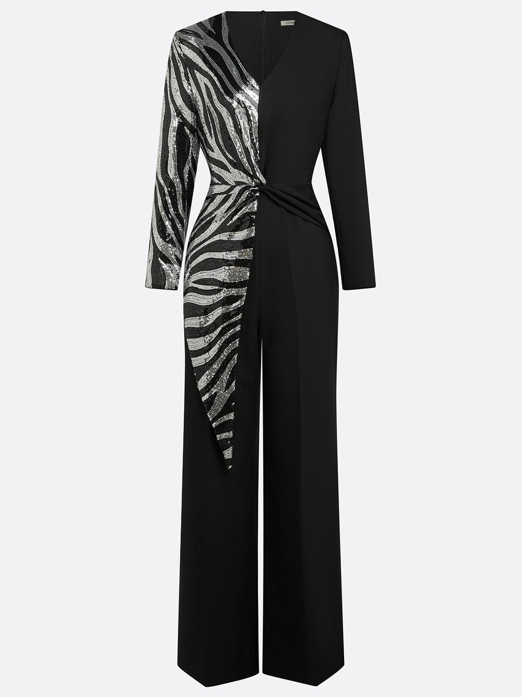 Women Black Sequin V Neck Long Sleeve Dressy Jumpsuit