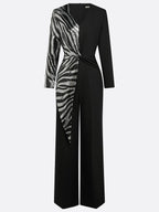 Women Black Sequin V Neck Long Sleeve Dressy Jumpsuit