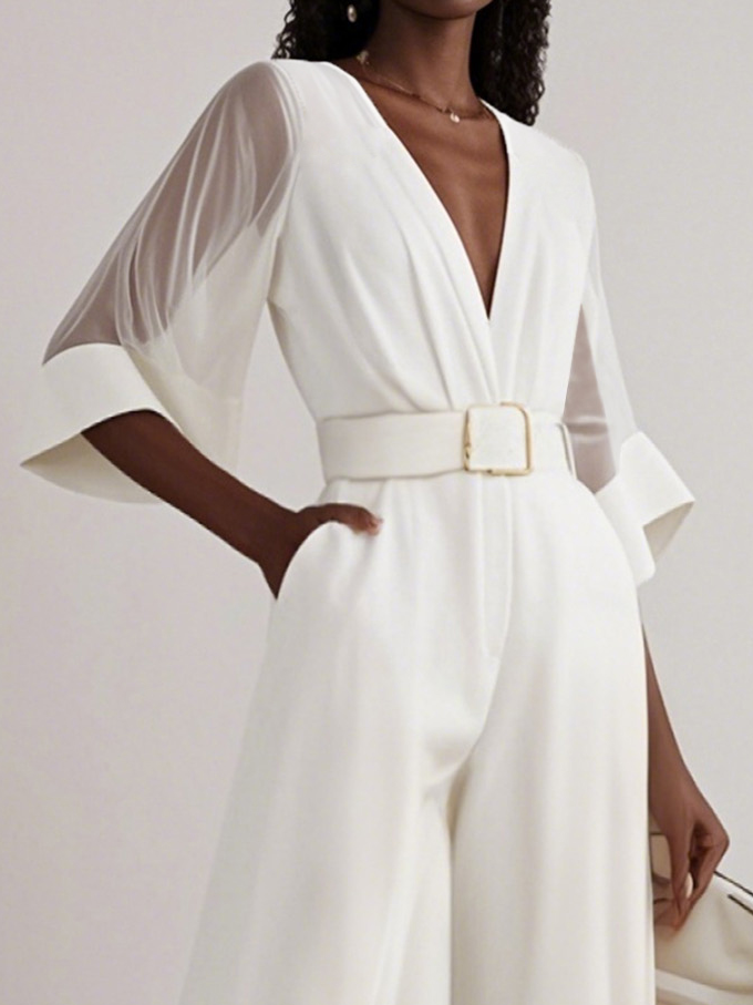 White Mesh V Neck Half Sleeve Plain Wide-Leg Jumpsuit With Belt With Pockets
