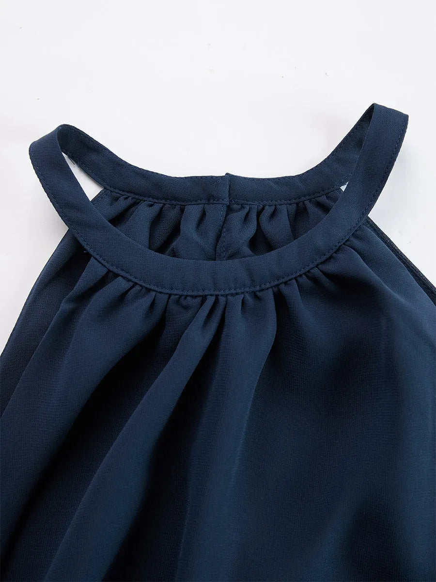 Elegant Urban Navy Blue Halter Neck Top And Printed Wide-leg Pants Chiffon Set