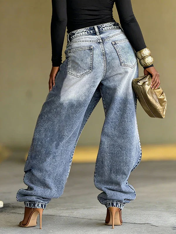 Women's Zippered Pocket Faux Two-piece Loose Jeans