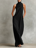 Women's Black Linen-Blend Maxi Dress With High Neck & Side Pockets, Timeless Minimalist Casual Dress MDZ2597D7LYL