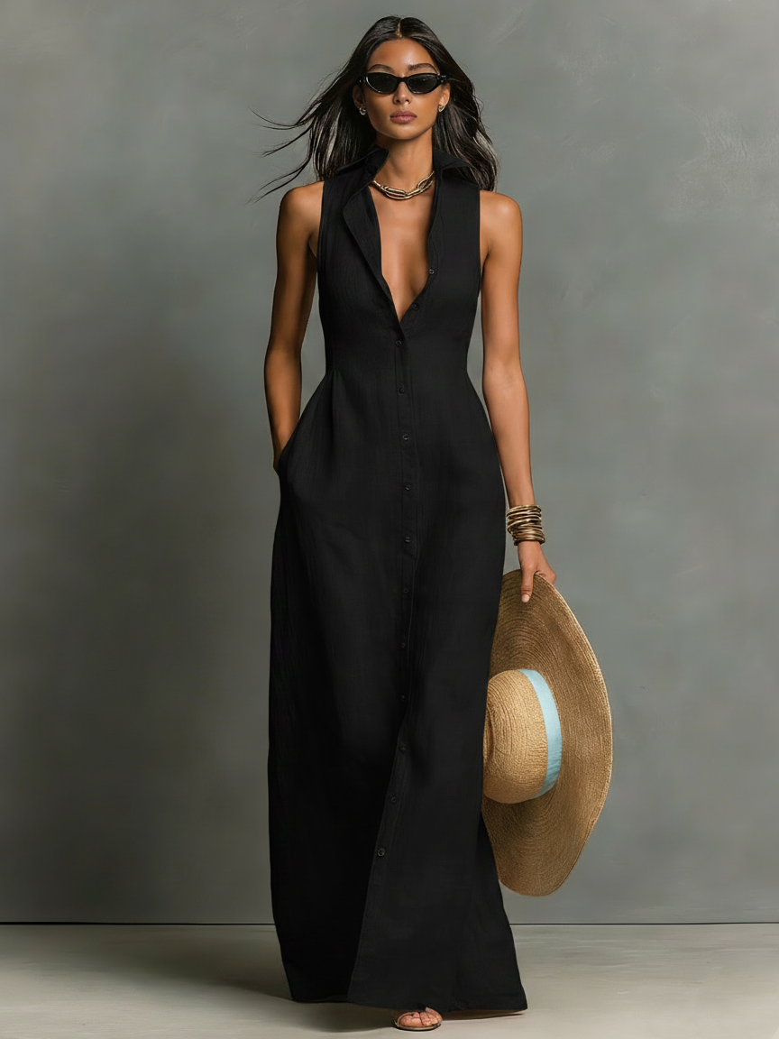 Women's Minimalist Linen-Blend Collared Single-Breasted Sleeveless Maxi Shirt Dress MDZ1011C0Y